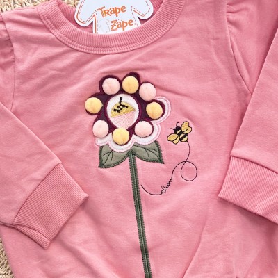 Conj. Casaco Flor Bordada com Pompons e Calça Legging - Rose